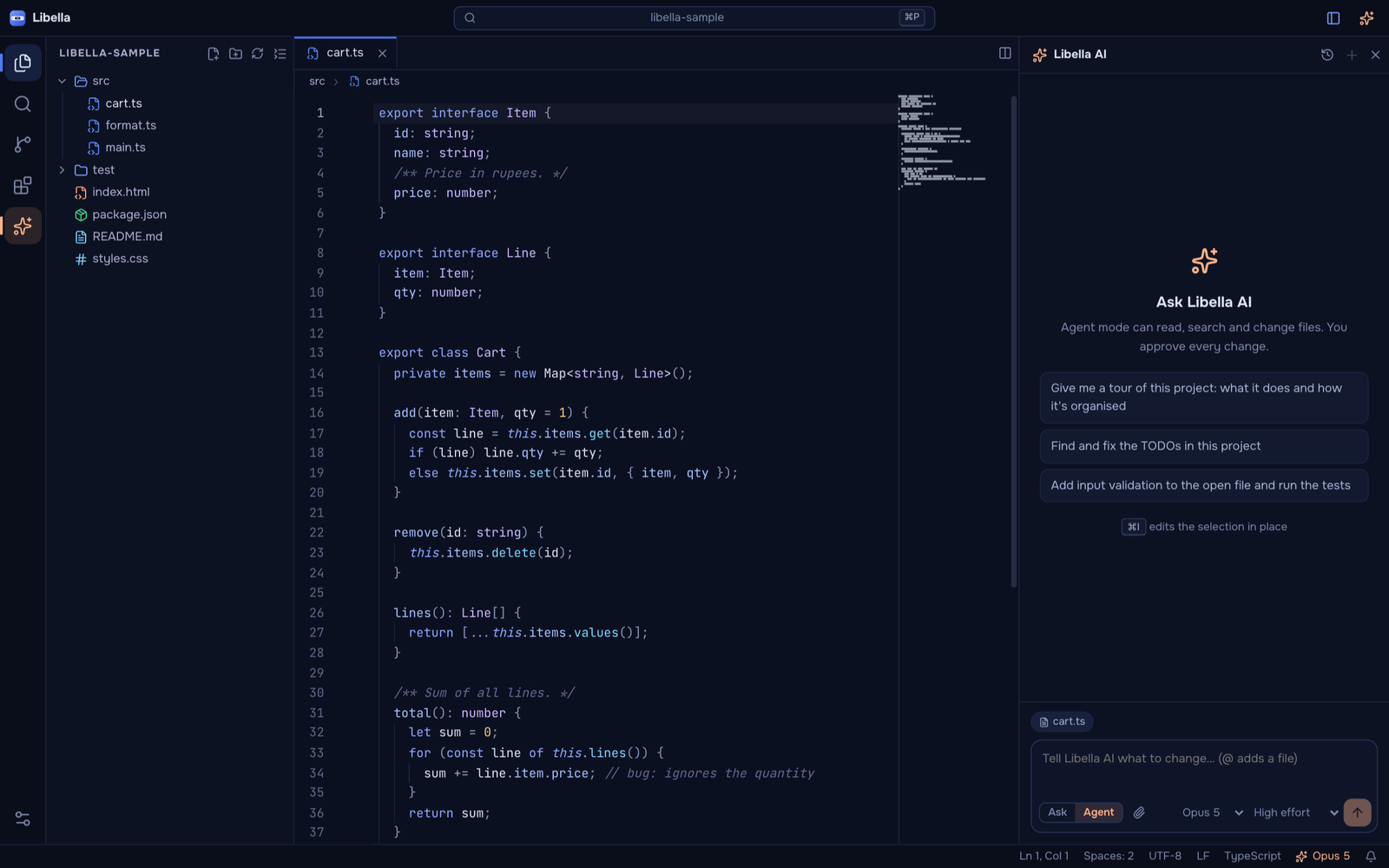 Libella with the sample project open: file tree, editor and the Libella AI panel in Agent mode